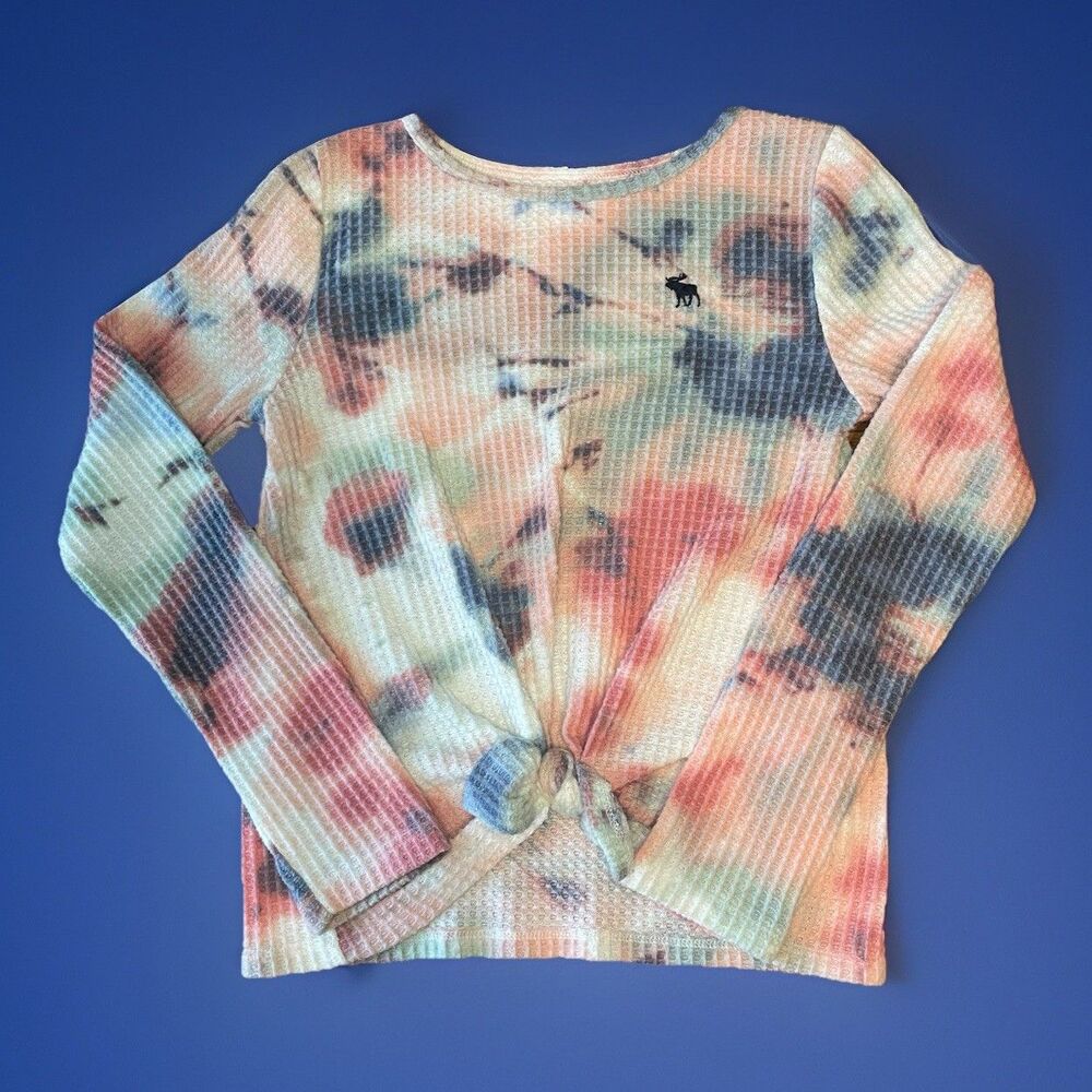 Abercrombie Kids Girls 9/10 Tie Dye Waffle Knit Long Sleeve Knot Front Top M
